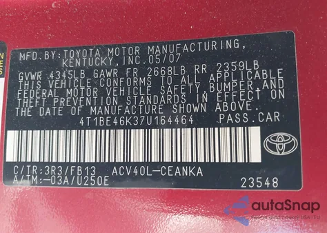 2007 Toyota Camry Le из США, поврежденный, VIN 4T1BE46K37U164464